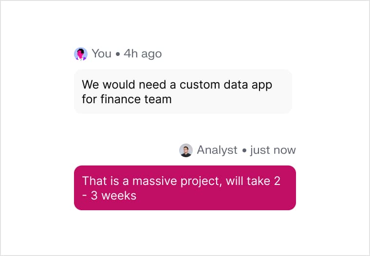 A chat where a request for a custom data app is quoted at 2–3 weeks