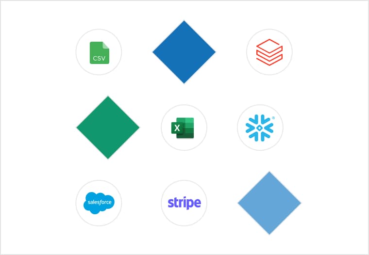 Disconnected database and platform shapes scattered across a grid