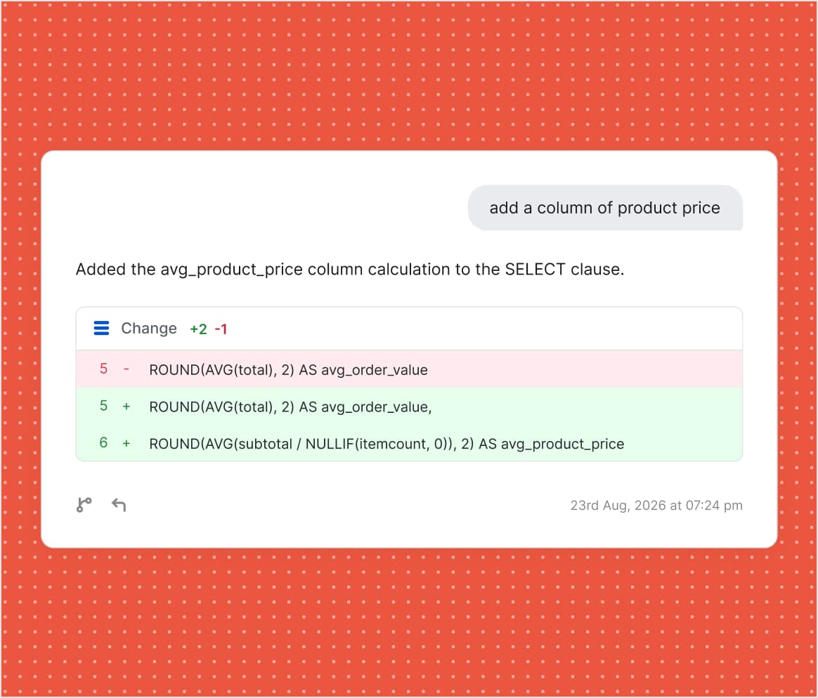 The assistant adding an average product price column, shown as a diff with one line removed and two added