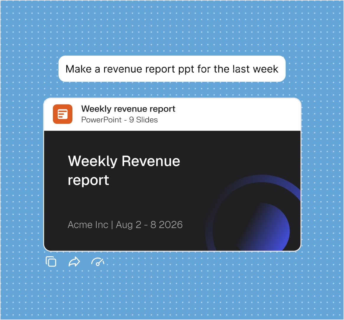 The prompt 'make a revenue report ppt for the last week' returning a nine-slide weekly revenue deck ready to download