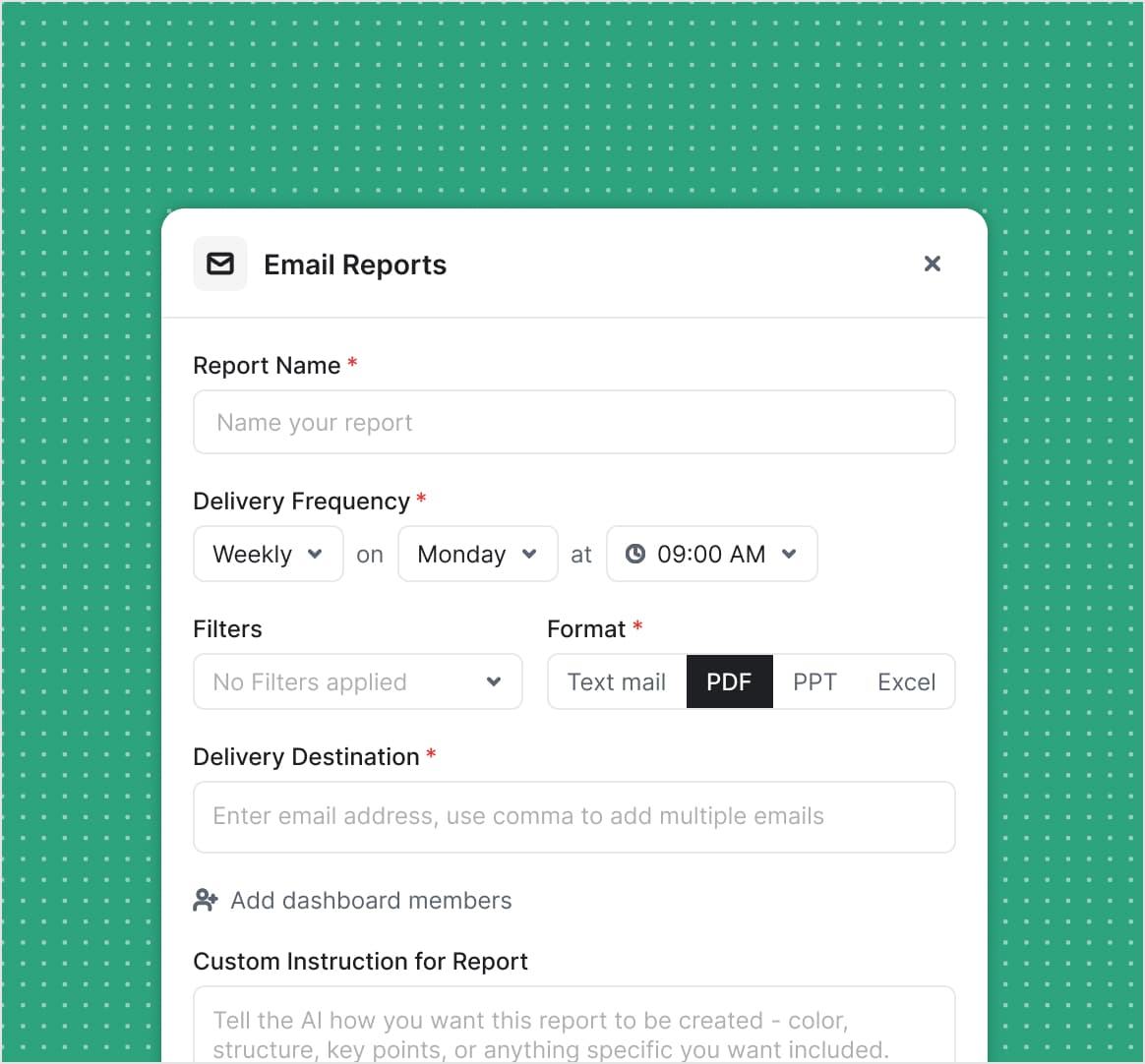 An email report dialog scheduling a dashboard for 09:00 every Monday as a PDF, with fields for recipients and a custom instruction for the write-up