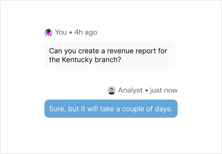 A chat thread where a data request waits days for an analyst's reply