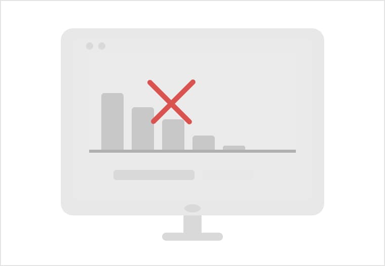 A bar chart on a monitor struck through with a red cross